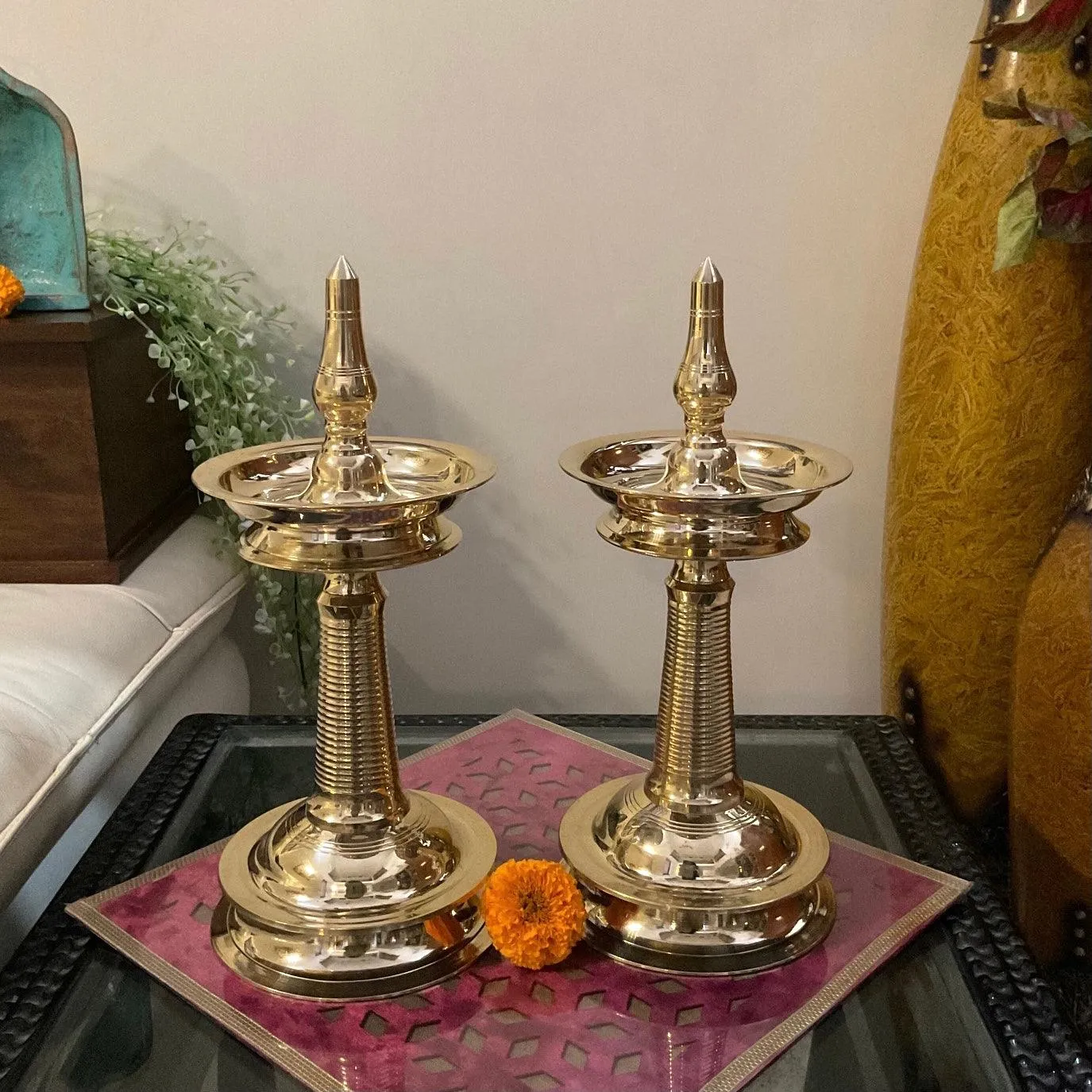 12 Inches Brass Kerala Nilavilakku (Set of 2) - Handmade Brass lamp - Decorative Decor