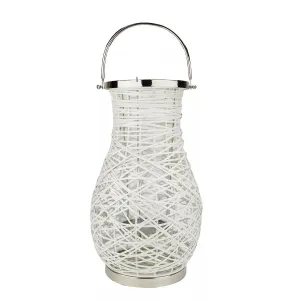 18 5" Modern White Decorative Wicker Iron Lantern Post with Candle and Glass Hurricane