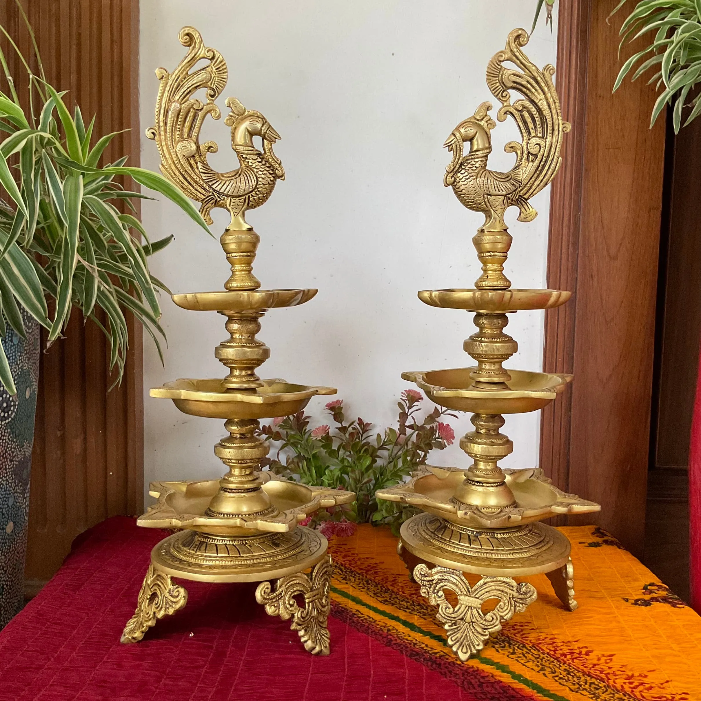 20 Inch Annapakshi Brass Diya Lamp (Set of 2) For Pooja Room Decor