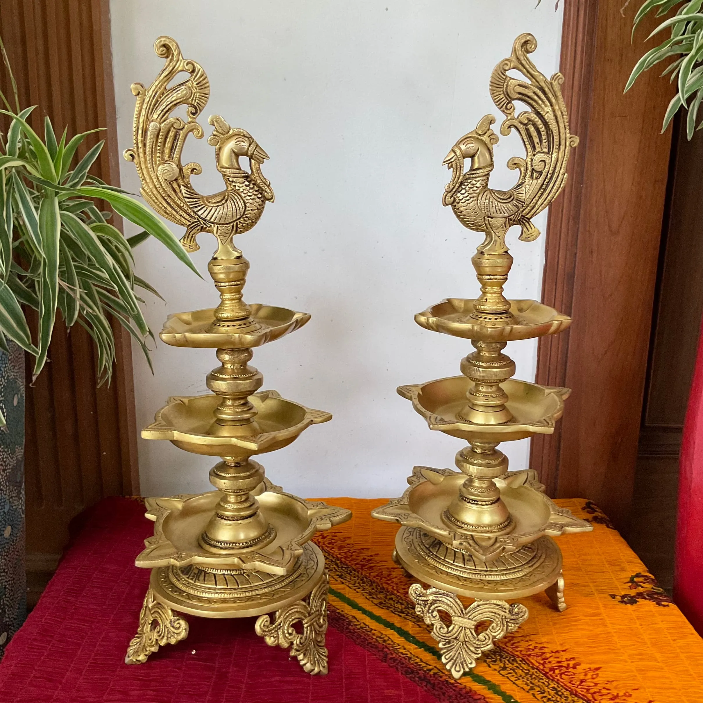 20 Inch Annapakshi Brass Diya Lamp (Set of 2) For Pooja Room Decor