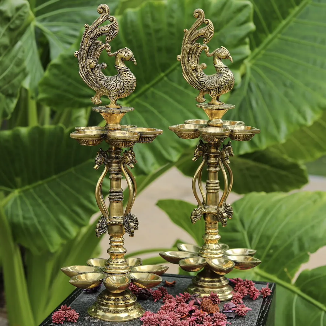 20 Inches Tall Annapakshi Brass Diya Lamp (Set of 2) For Pooja Room Decor