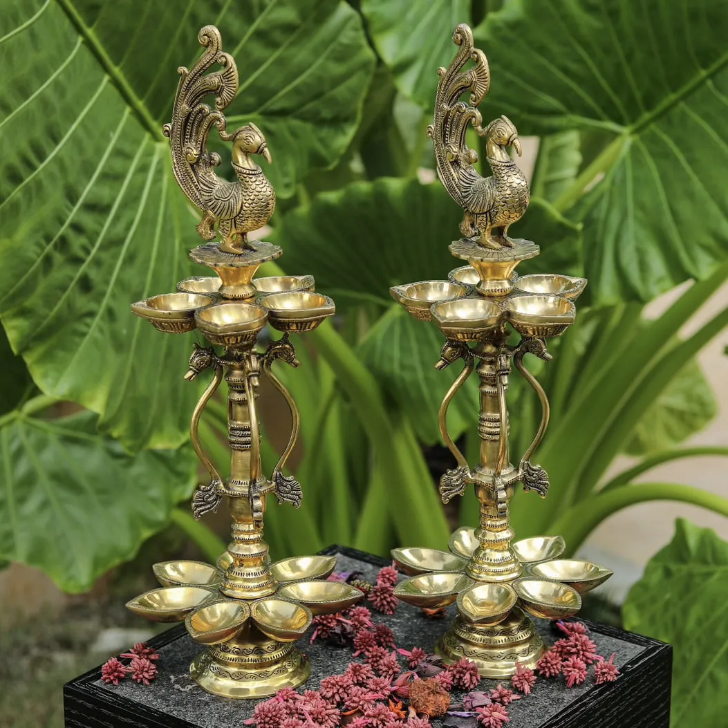 20 Inches Tall Annapakshi Brass Diya Lamp (Set of 2) For Pooja Room Decor