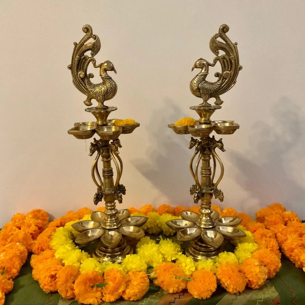 20 Inches Tall Annapakshi Brass Diya Lamp (Set of 2) For Pooja Room Decor