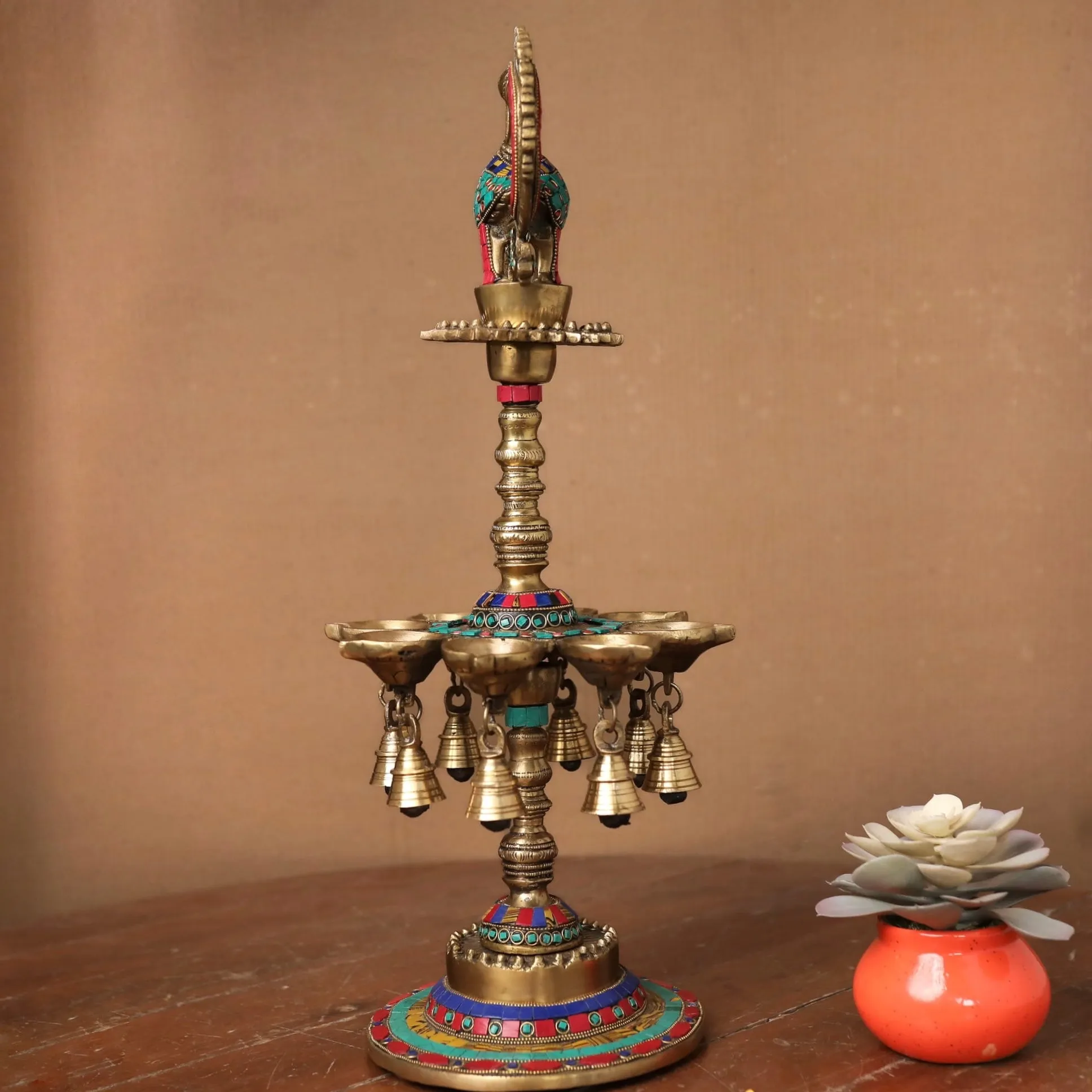 22 Inches Tall Annapakshi Brass Diya Lamp With Stonework (Set of 2) - Antique finish