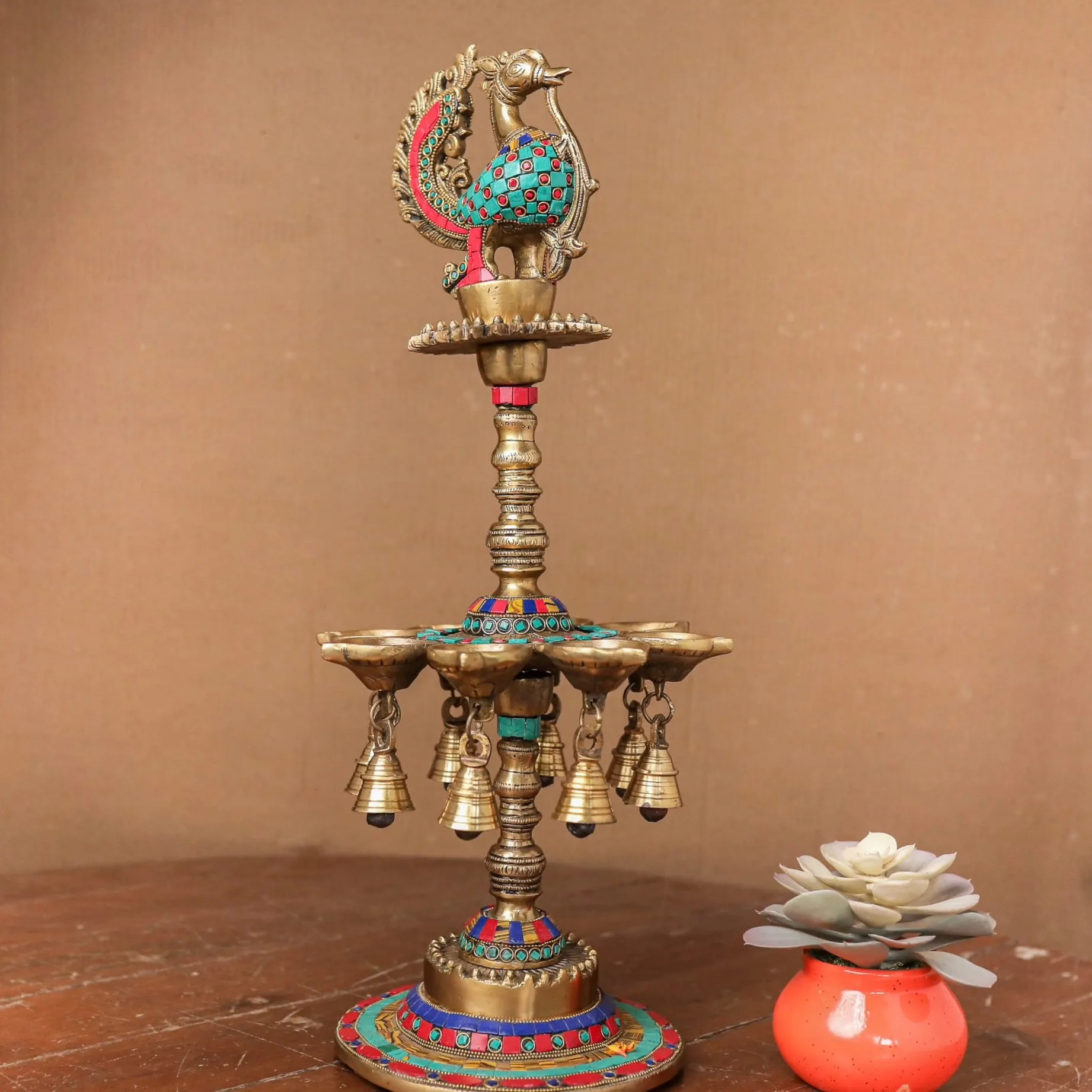 22 Inches Tall Annapakshi Brass Diya Lamp With Stonework (Set of 2) - Antique finish