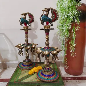 22 Inches Tall Annapakshi Brass Diya Lamp With Stonework (Set of 2) - Antique finish