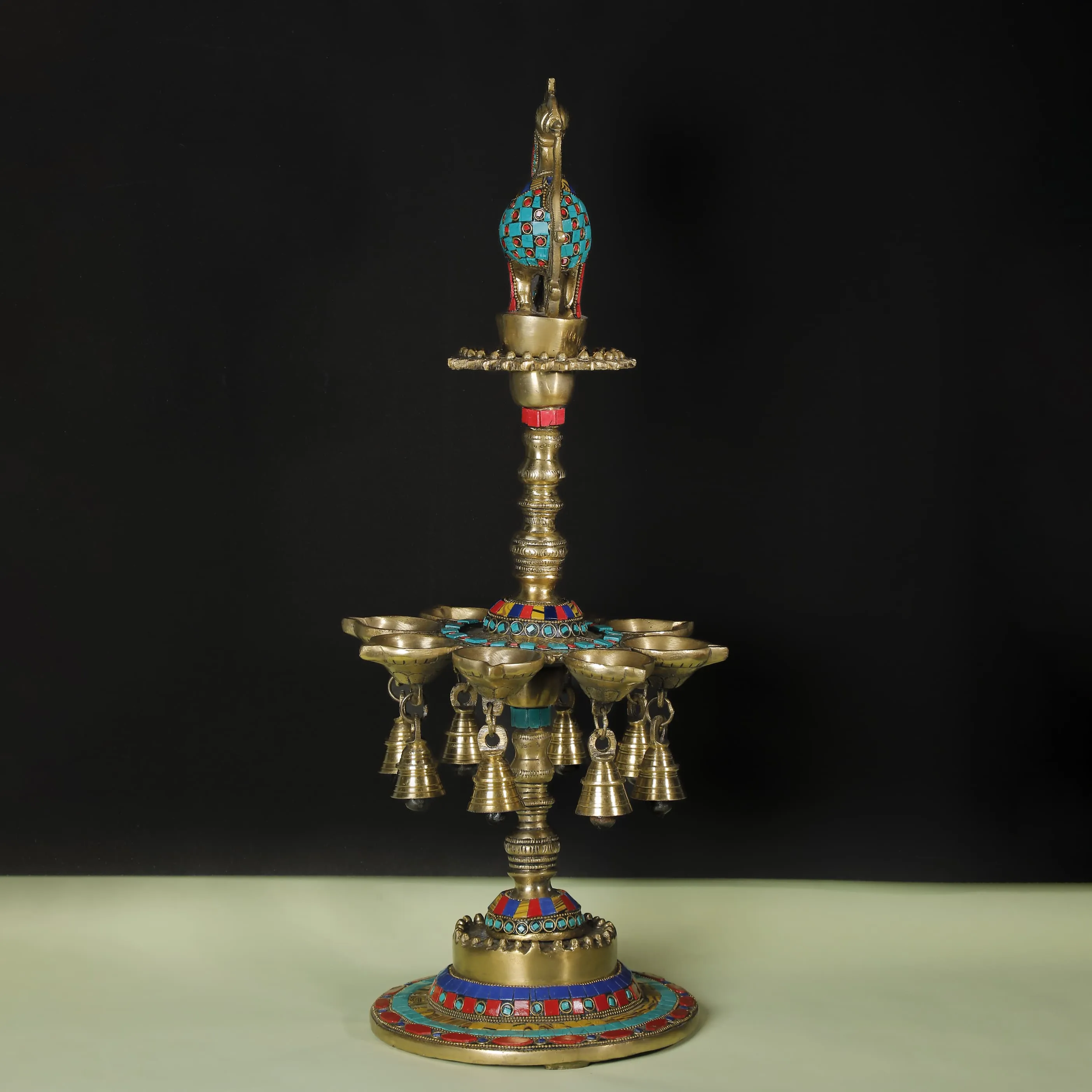 22 Inches Tall Annapakshi Brass Diya Lamp With Stonework (Set of 2) - Antique finish