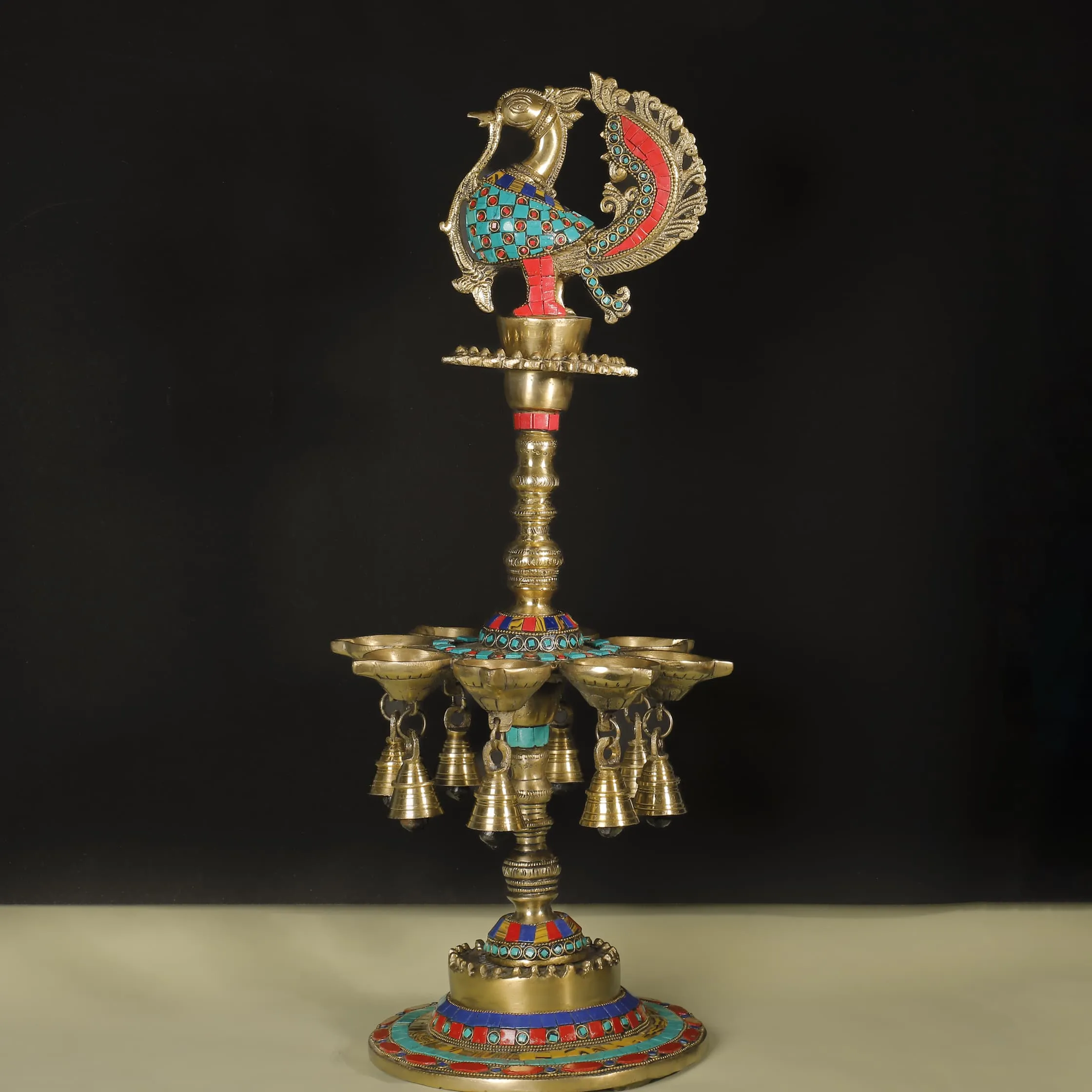 22 Inches Tall Annapakshi Brass Diya Lamp With Stonework (Set of 2) - Antique finish