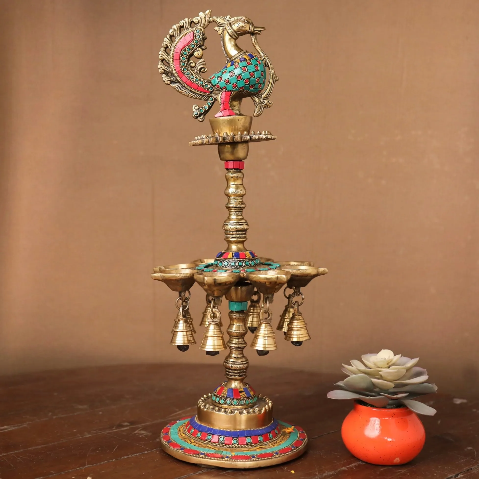 22 Inches Tall Annapakshi Brass Diya Lamp With Stonework (Set of 2) - Antique finish