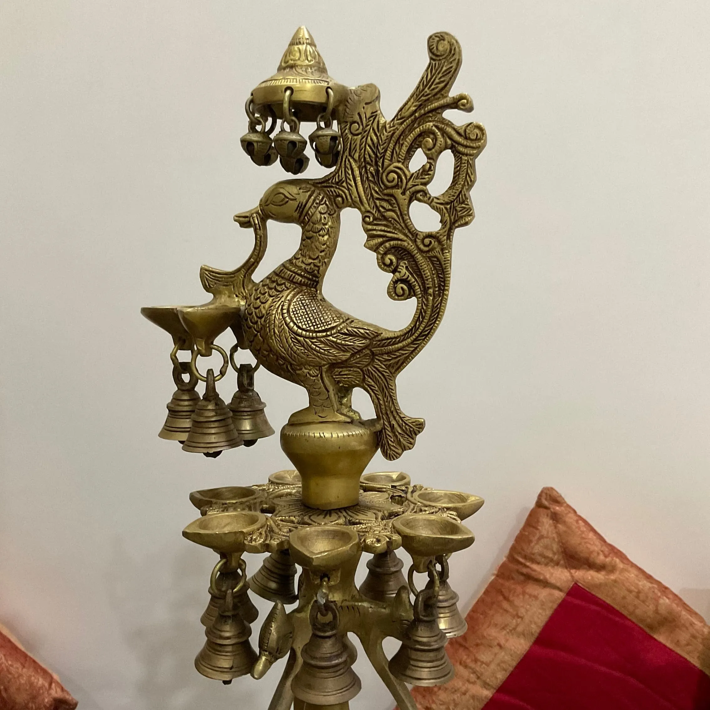 34 Inches Tall Peacock Brass Diya Lamp With Bell (Set of 2) For Home Pooja Entrance Decor