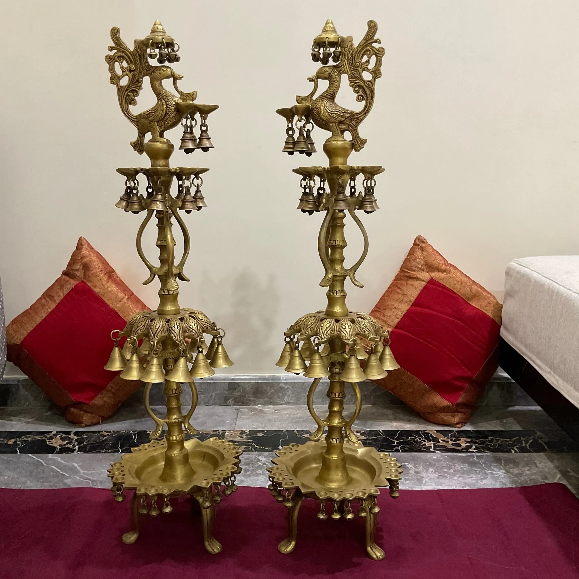 34 Inches Tall Peacock Brass Diya Lamp With Bell (Set of 2) For Home Pooja Entrance Decor