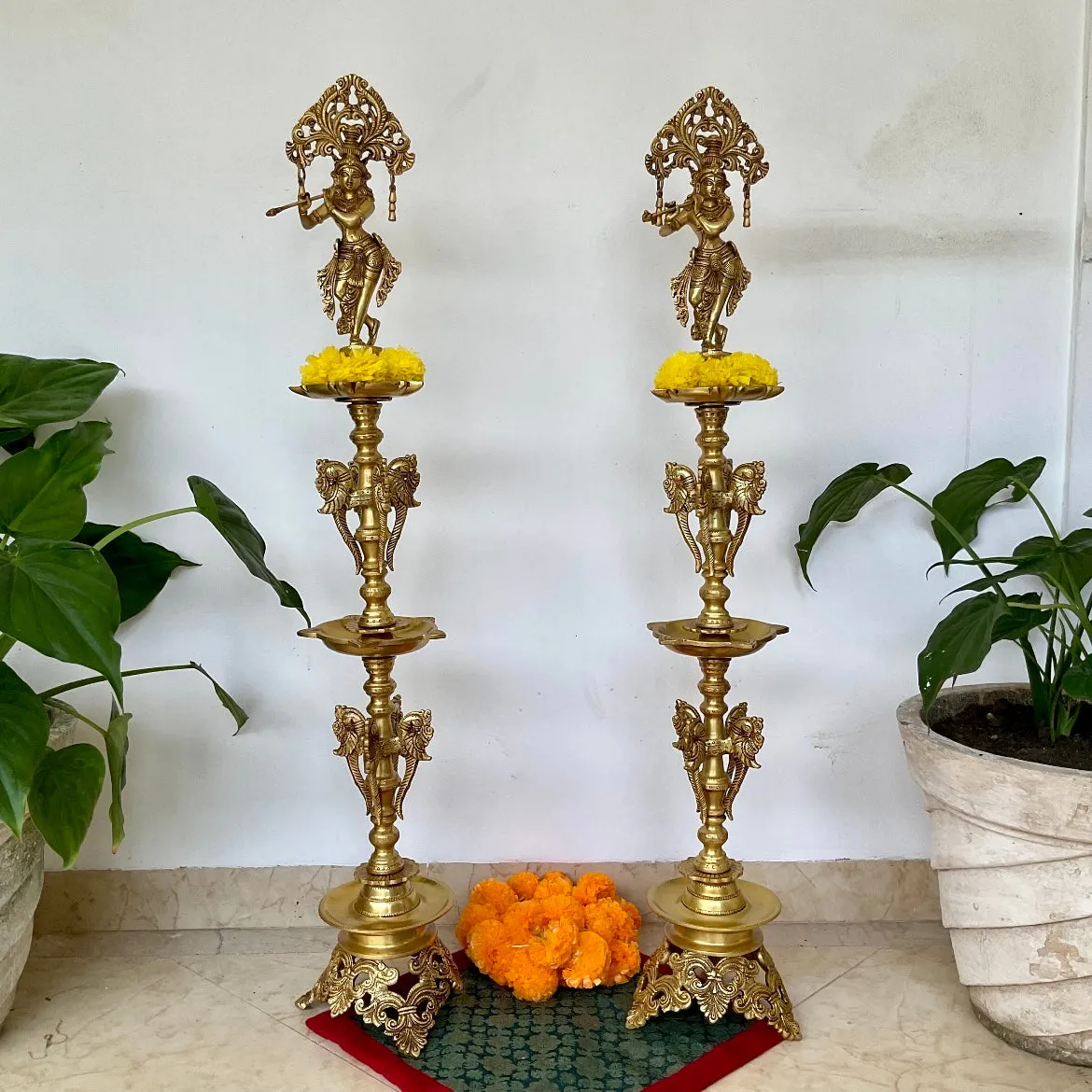 37 Inches Krishna Brass Diya Lamp (Set of 2) - Traditional Indian Festive Decor