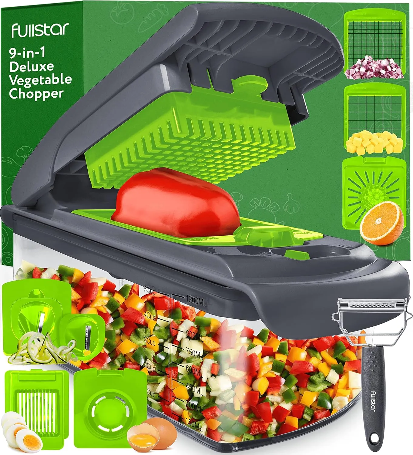 4-in-1 Vegetable Chopper Slicer, Spiralizer, and Container