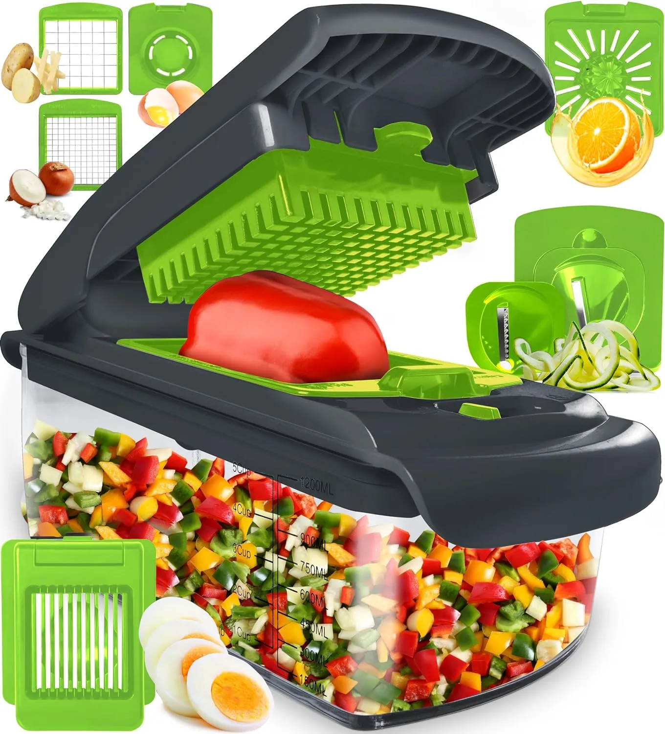 4-in-1 Vegetable Chopper Slicer, Spiralizer, and Container