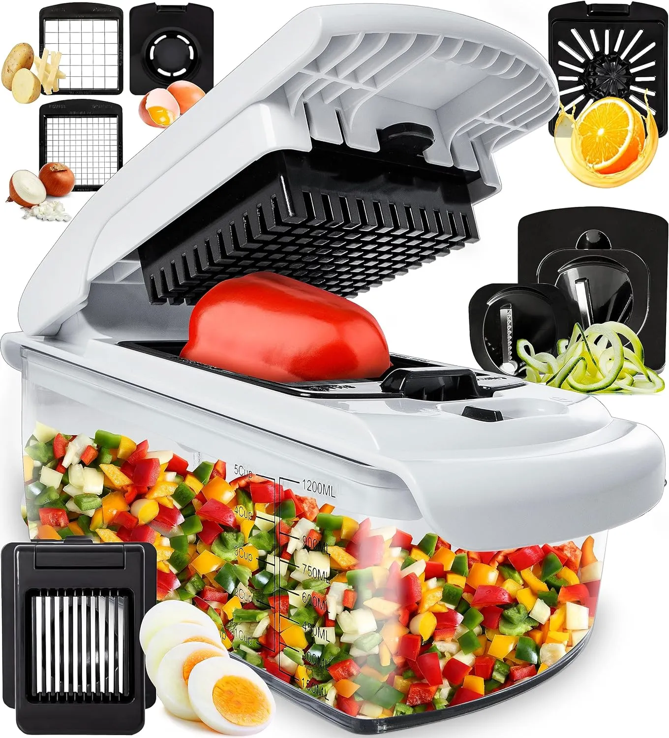 4-in-1 Vegetable Chopper Slicer, Spiralizer, and Container