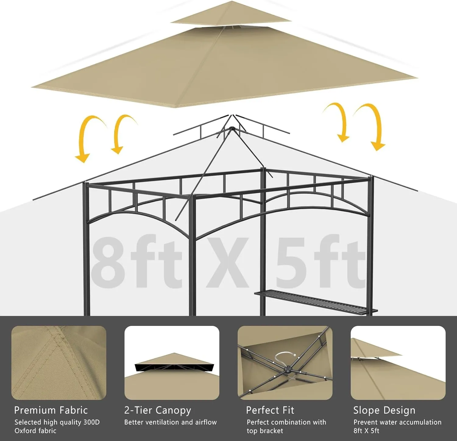 5' X 8' Grill Gazebo Replacement Canopy Roof Only,Waterproof Double Tiered Shelter Cover,Outdoor BBQ Gazebo Canopy Top Fit for Gazebo Model L-GG001PST-F (Khaki)