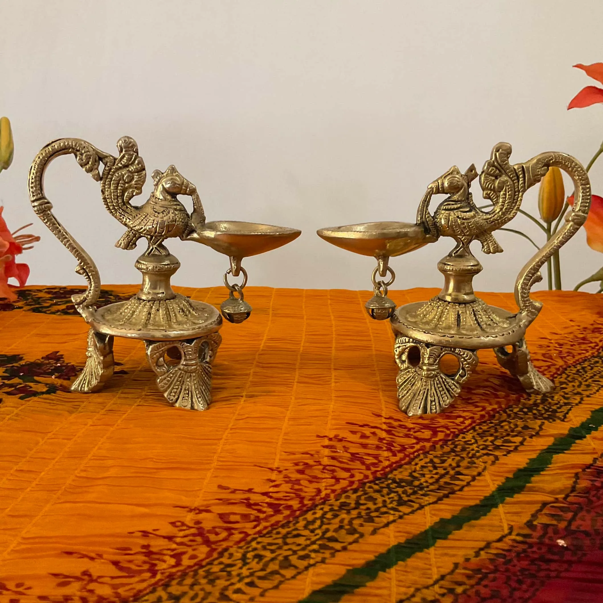 5.5 Inch Annapakshi Diya With Handle (Set of 2) - Handmade Brass lamp - Decorative