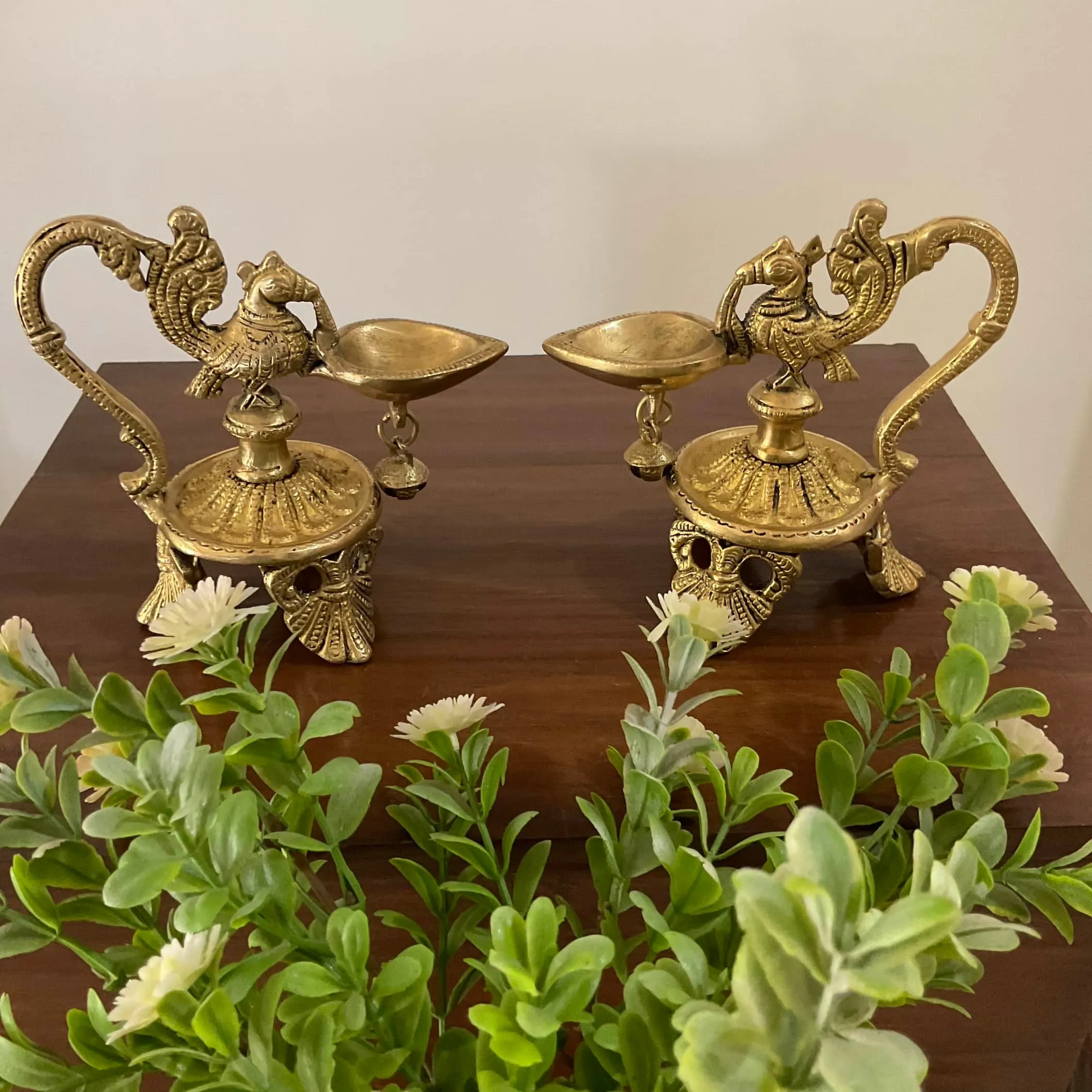 5.5 Inch Annapakshi Diya With Handle (Set of 2) - Handmade Brass lamp - Decorative