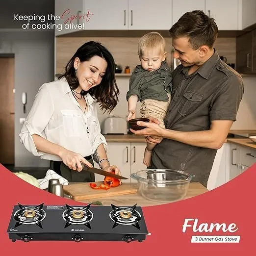 Candes Flame Glass Top Gas Stove, Manual Ignition, Black (ISI Certified with 12 Months Warranty (3 Burner)