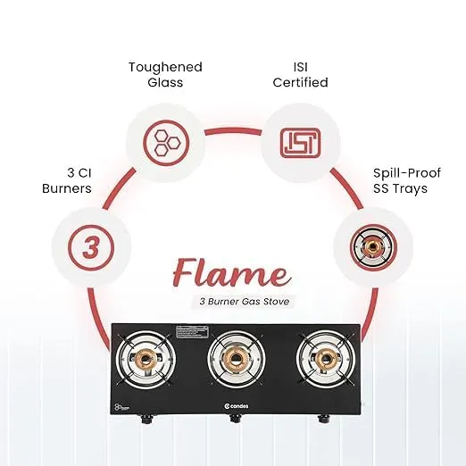 Candes Flame Glass Top Gas Stove, Manual Ignition, Black (ISI Certified with 12 Months Warranty (3 Burner)