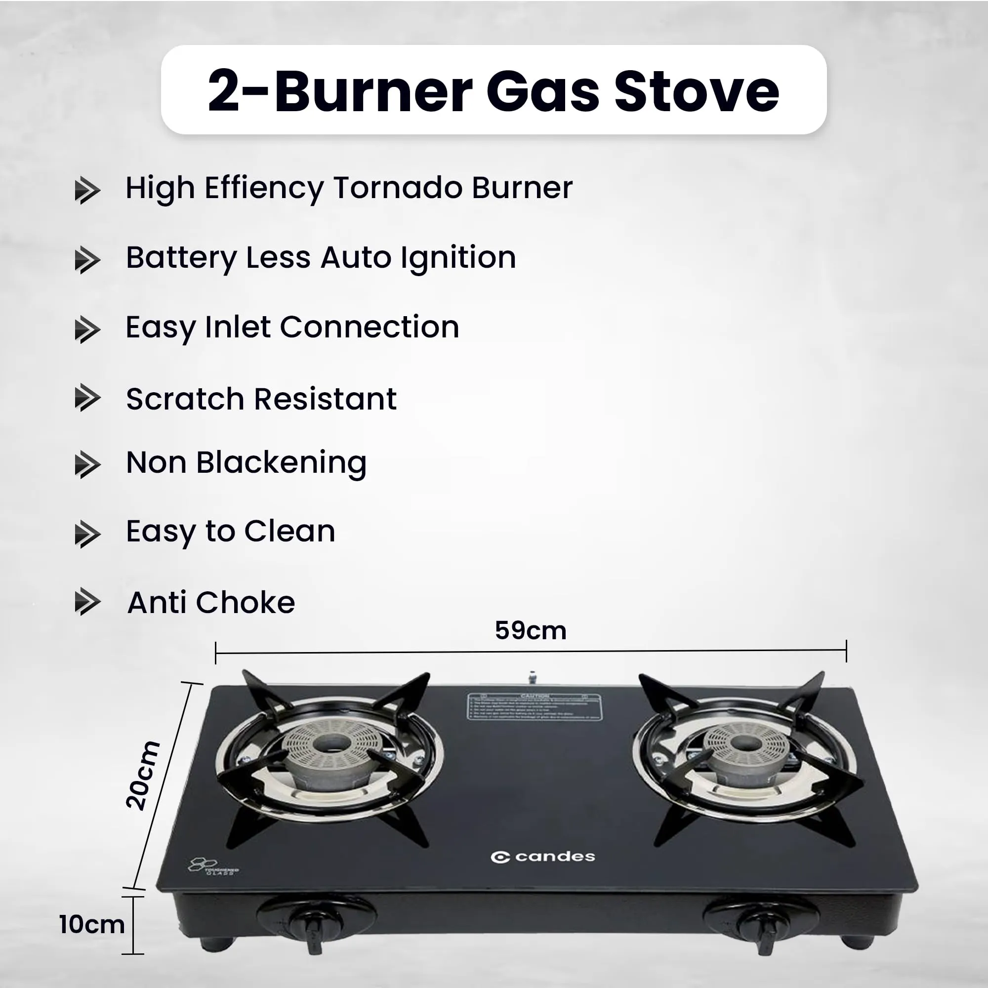 Candes Gas Stove 2 Burners with Premium Gas Saver Tornado Burners | Automatic Ignition 2 Burner Gas Stove | 6mm Toughened Glass Gas Chulha | LPG Gas Stove | ISI Certified | 1 Yr Warranty