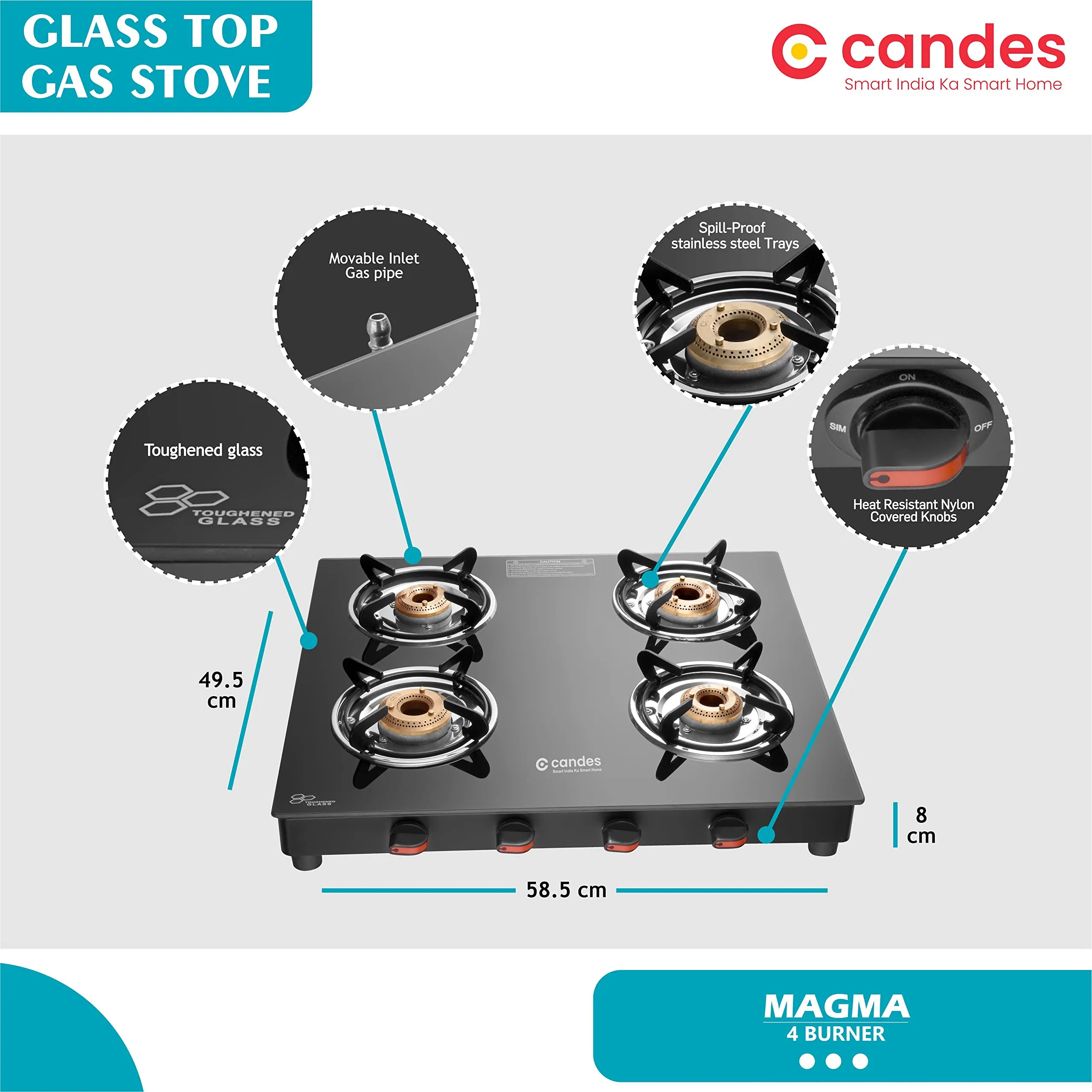 Candes Magma Glass Gas stove 4 burner | 6 mm Toughened Glass | Aluminum Burner | LPG Compatible | Anti-skid legs | Scratch Resistant | Doorstep Service | ISI Certified | 1 Year Warranty