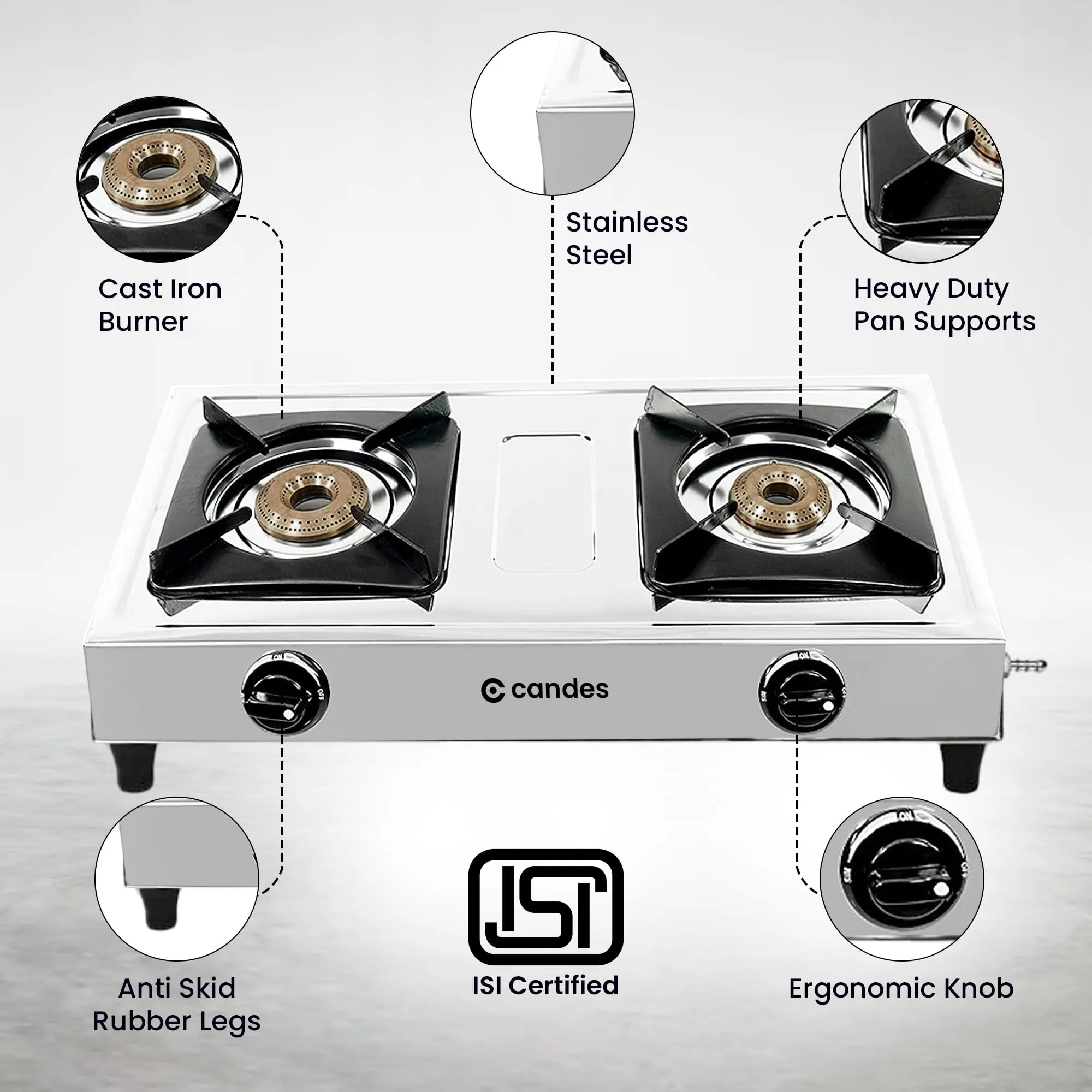 Candes Stainless Steel Gas Stove 2 Burners With Premium Die Cast Alloy | Pack of 2 | Tornado Burner | Nylon Ergonomics Knob | LPG Compatible | ISI Certified | 1 Yr Warranty | Rectangular Body | Silver