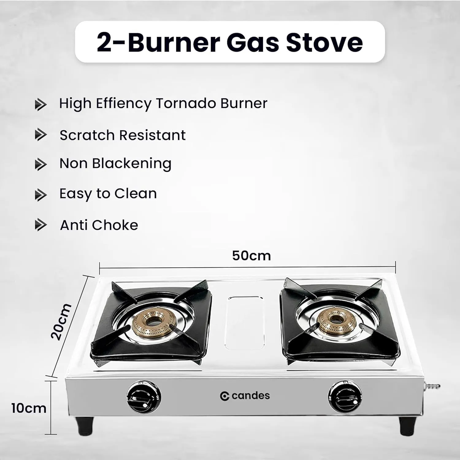 Candes Stainless Steel Gas Stove 2 Burners With Premium Die Cast Alloy | Pack of 2 | Tornado Burner | Nylon Ergonomics Knob | LPG Compatible | ISI Certified | 1 Yr Warranty | Rectangular Body | Silver