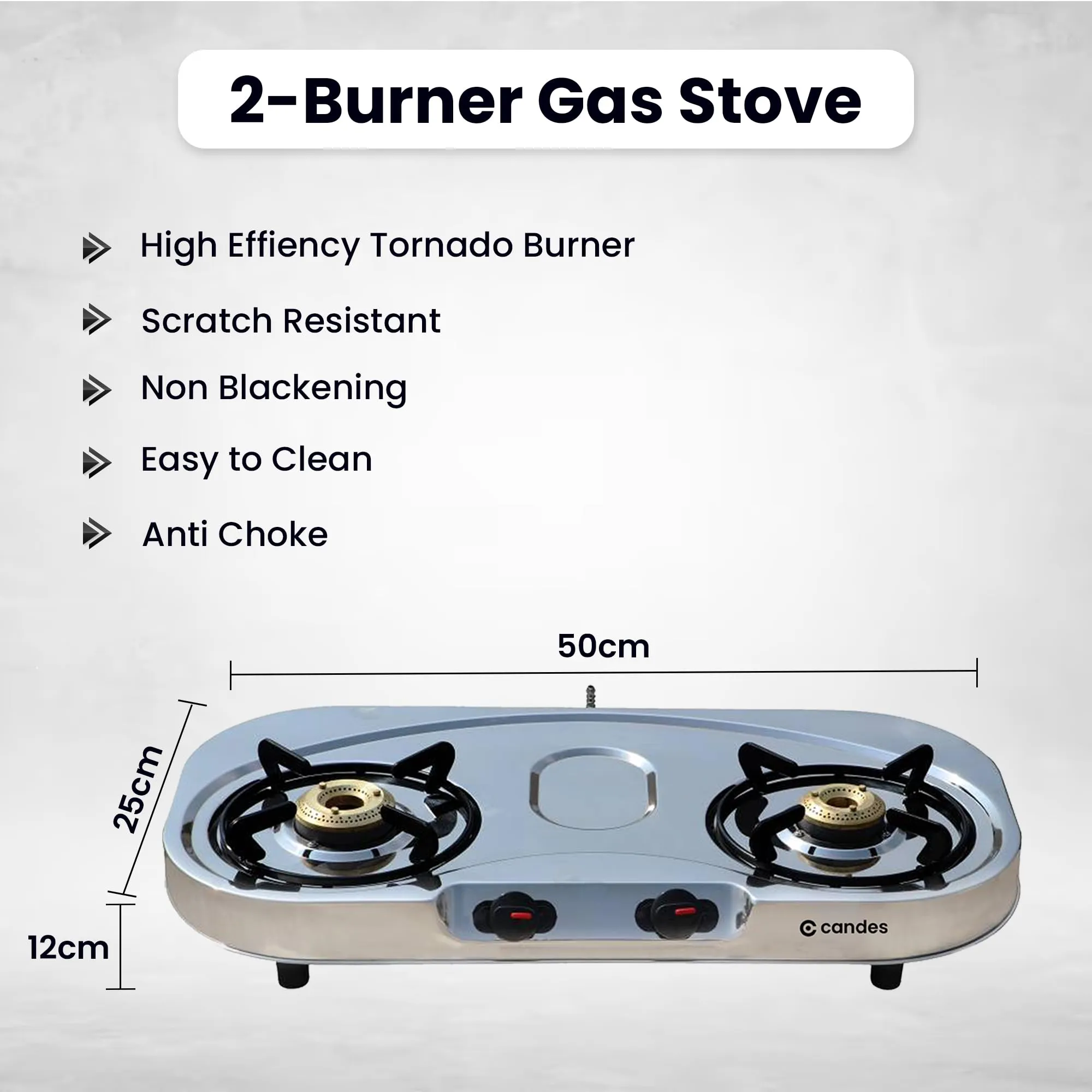 Candes Stainless Steel Gas Stove 2 Burners With Premium Die Cast Alloy | Tornado Burner | Nylon Ergonomics Knob | LPG Compatible | ISI Certified | 1 Yr Warranty | Oval Body | Silver