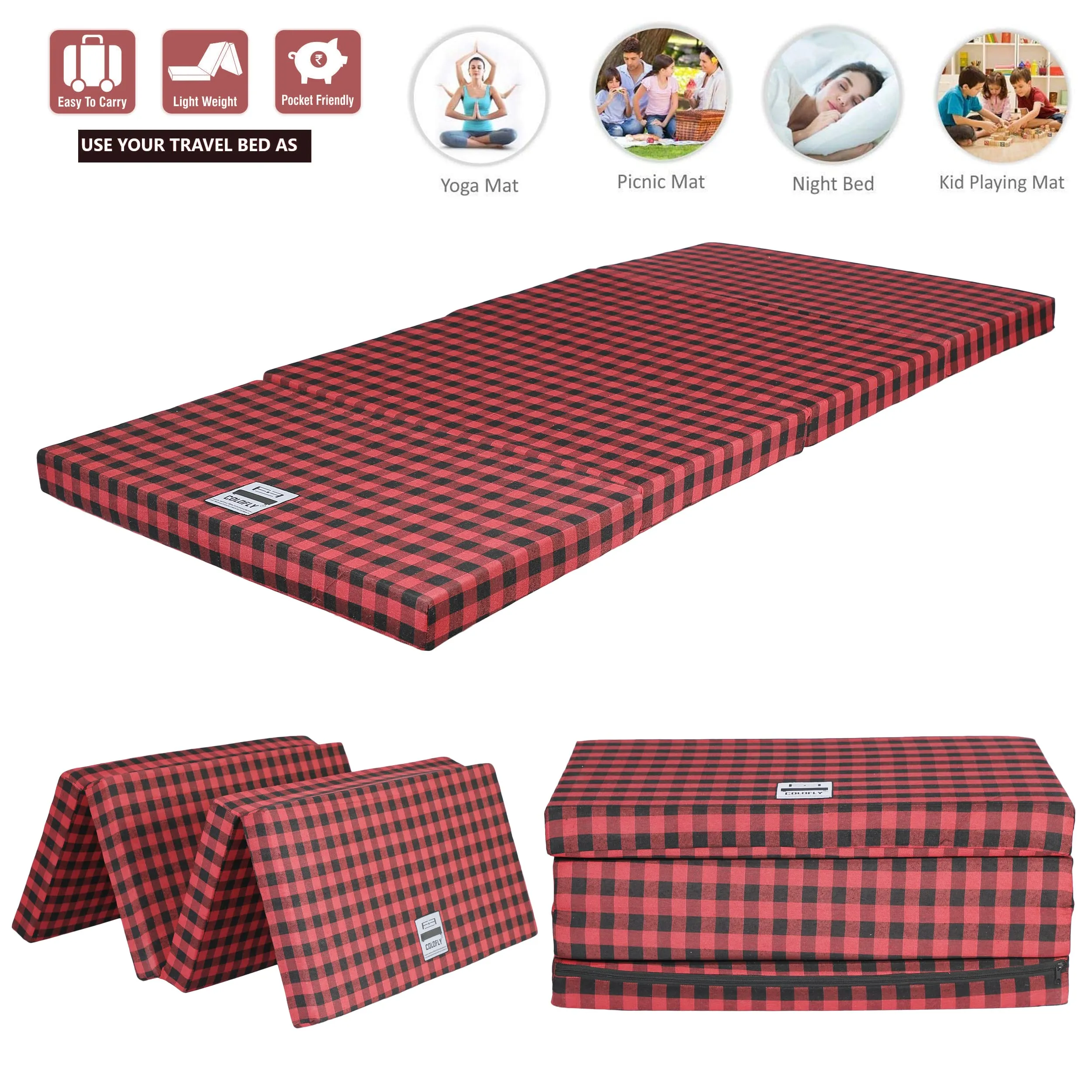 COLOFLY UHD Foam 3 Inch Dual Comfort Reversible Four Fold Single Bed Mattress Foldable Red & Black Gadda for Travel Picnic (72x35x3)