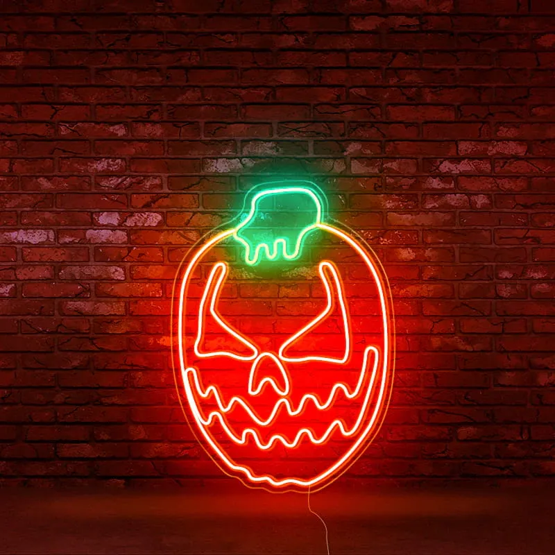 Cute Halloween Pumpkin Neon Sign – Bold Red and Green Glow for Spooky Halloween Decor