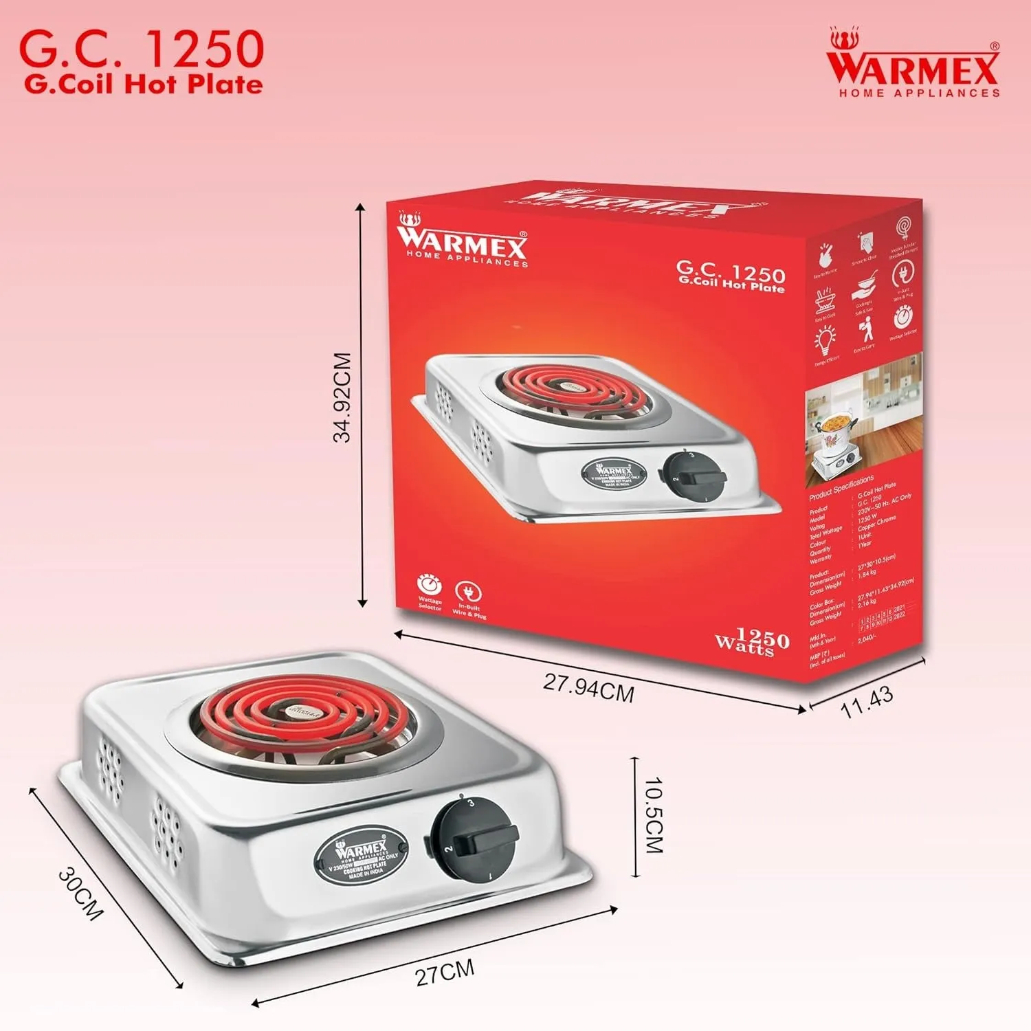 Electric Hot Plate G.C. 1250 With Adjustable Temperature / Portable Electric Single Burner Cooktop By Warmex