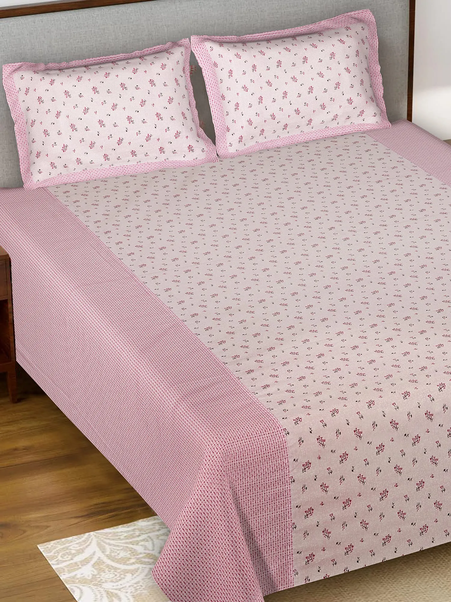 Fun Homes Kuber Industires Leaf Design Cotton Double Bedsheet with 2 Pillow Cover (Pink)-HS_38_FUNH21130, Full (HS_38_FUNH021130)