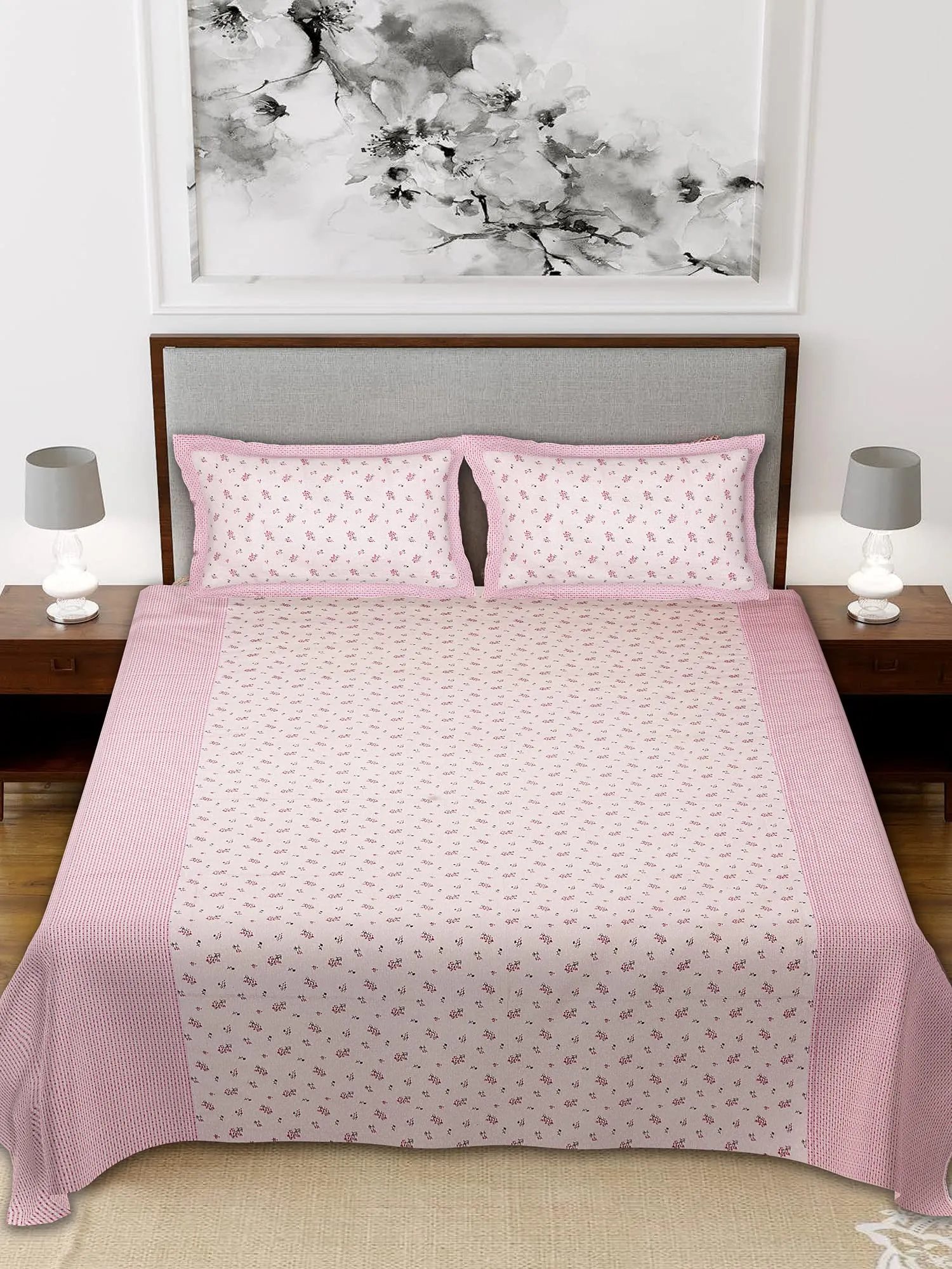 Fun Homes Kuber Industires Leaf Design Cotton Double Bedsheet with 2 Pillow Cover (Pink)-HS_38_FUNH21130, Full (HS_38_FUNH021130)