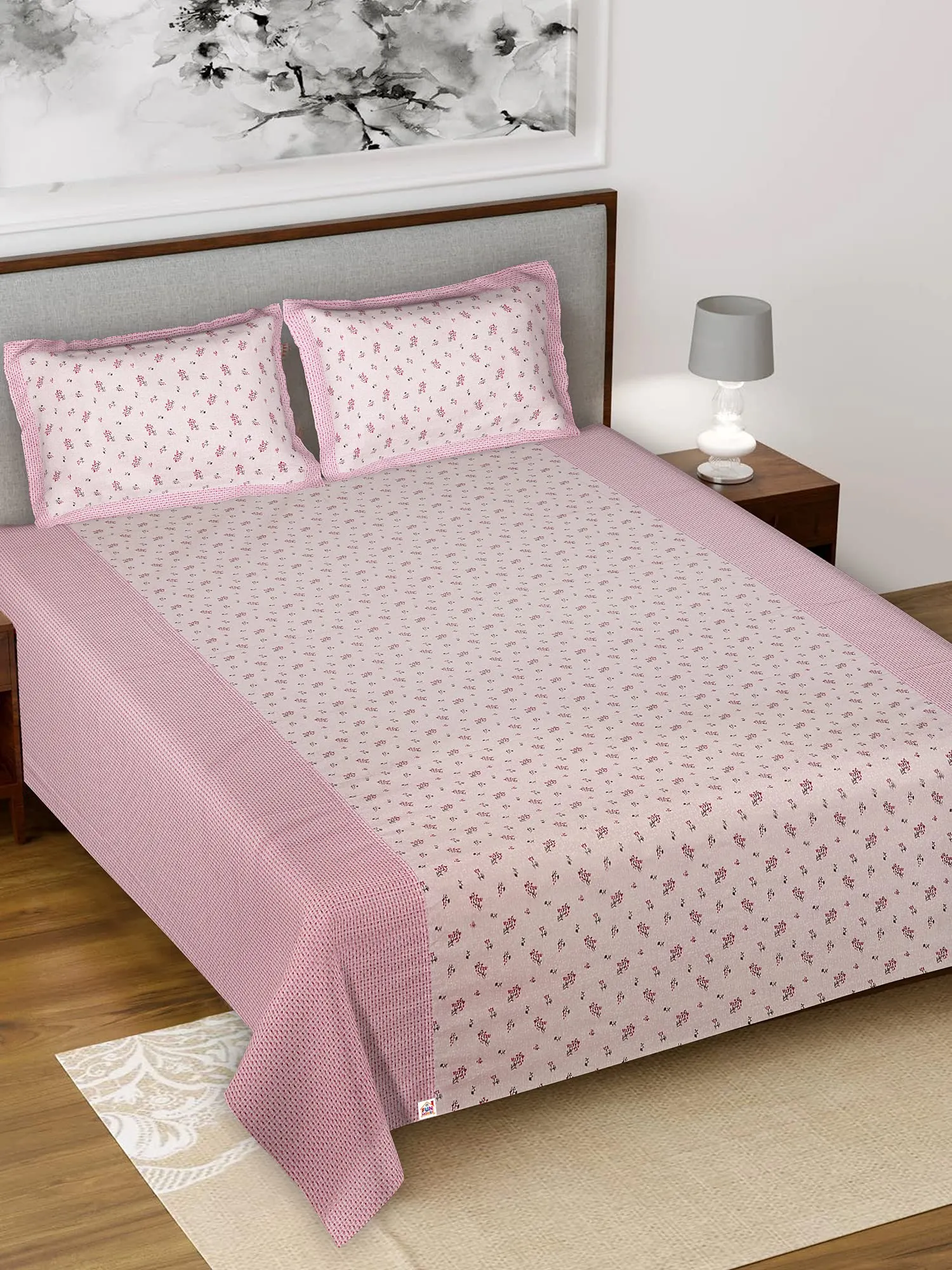 Fun Homes Kuber Industires Leaf Design Cotton Double Bedsheet with 2 Pillow Cover (Pink)-HS_38_FUNH21130, Full (HS_38_FUNH021130)