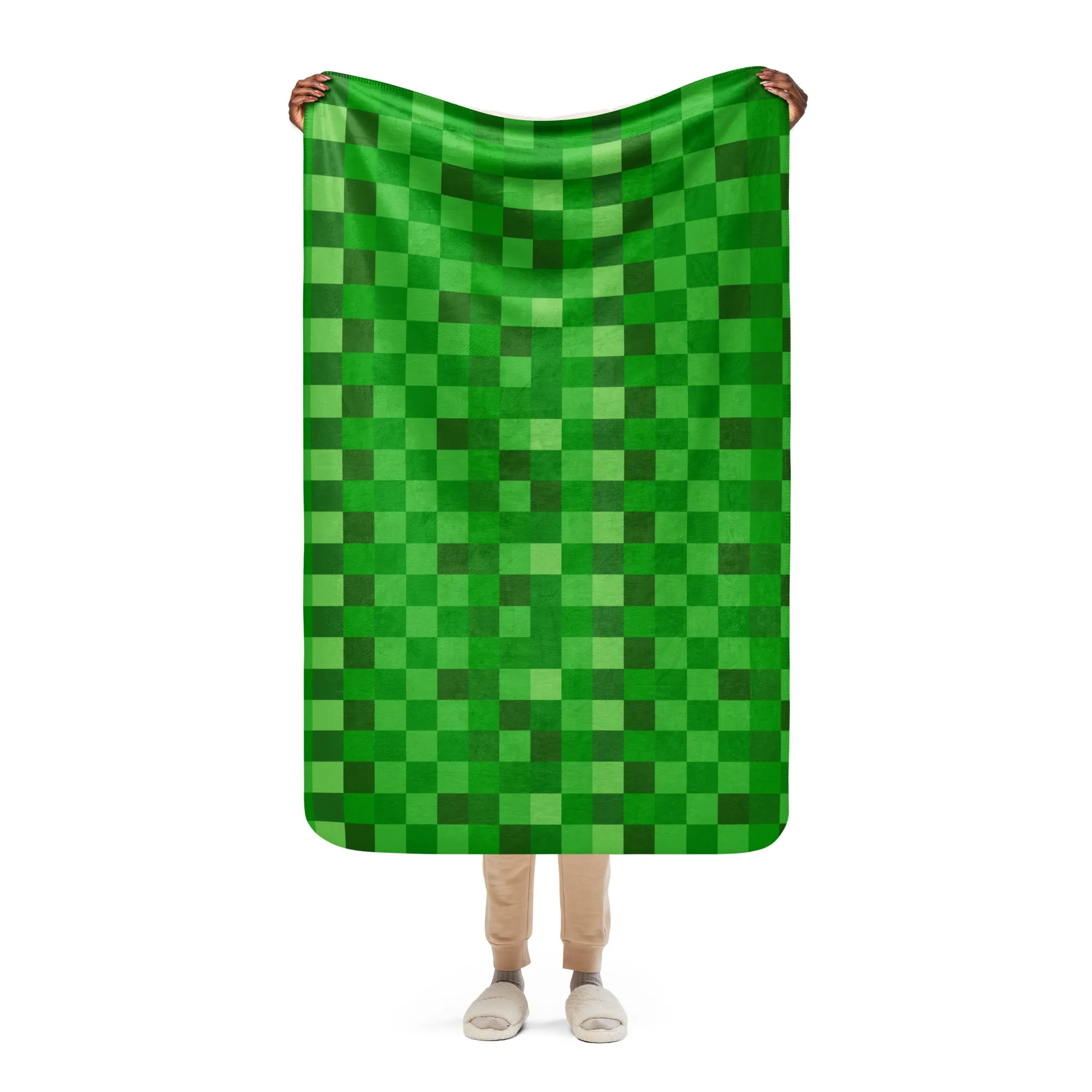 Green Building Blocks Miner Creep Pattern All Over Print Sherpa blanket