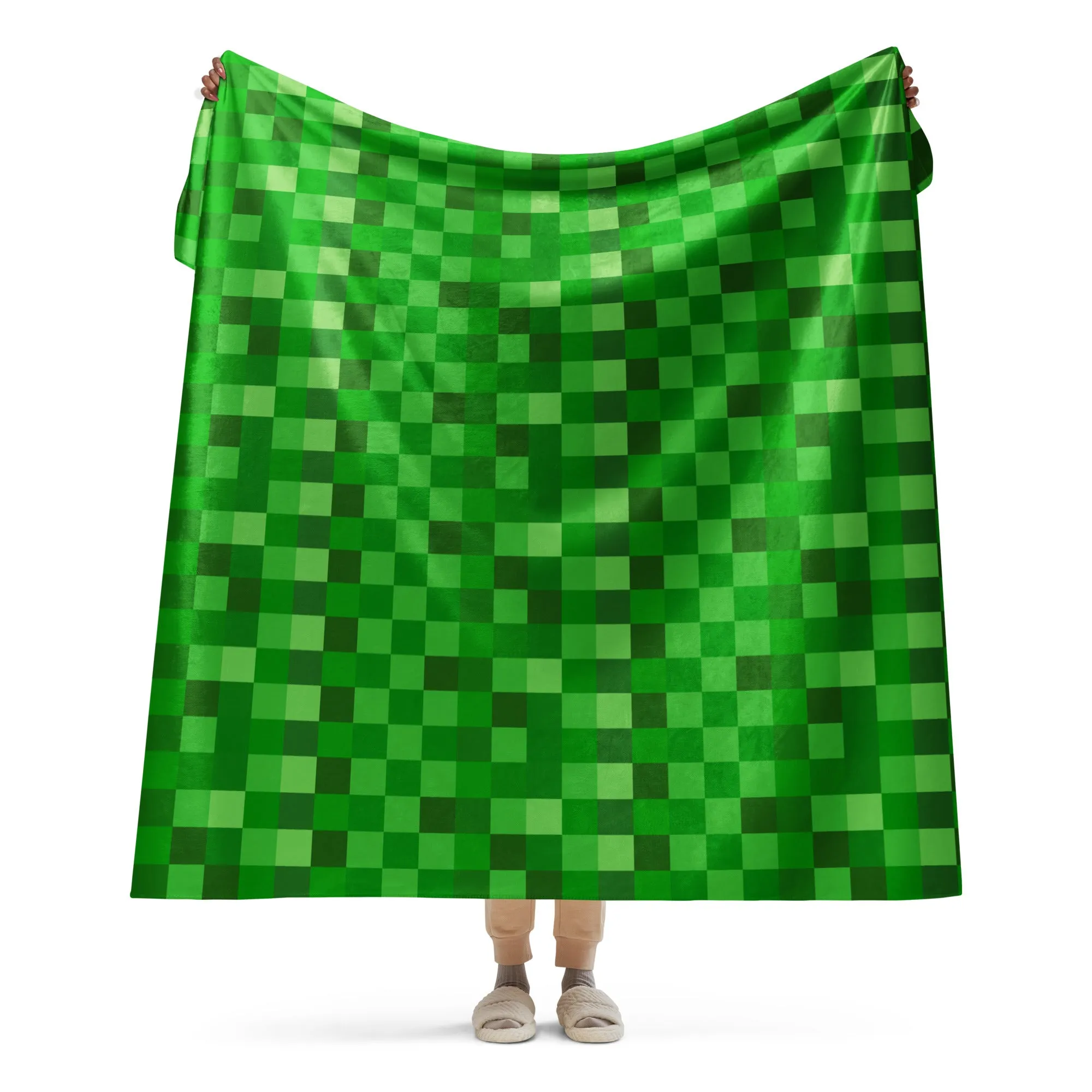 Green Building Blocks Miner Creep Pattern All Over Print Sherpa blanket