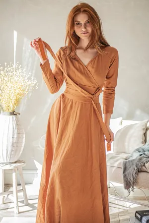 Heavy Linen Wrap Dress with Waist Belt