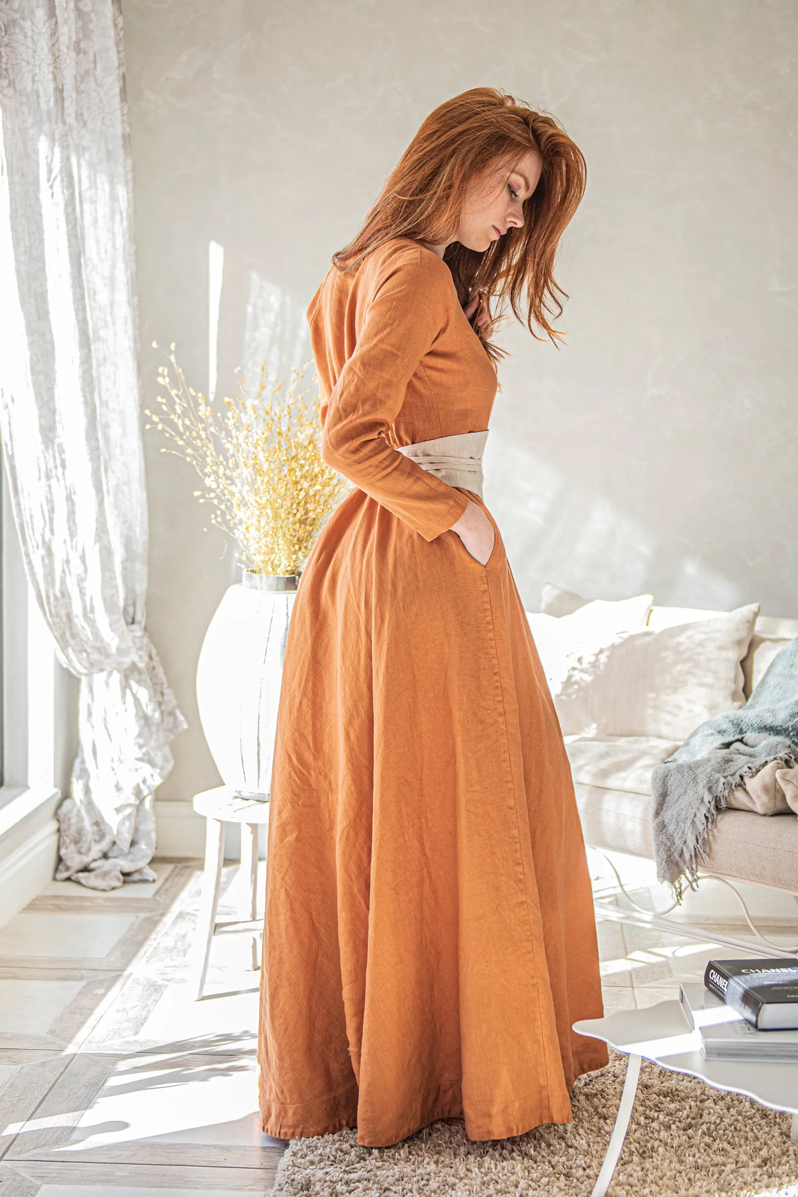 Heavy Linen Wrap Dress with Waist Belt