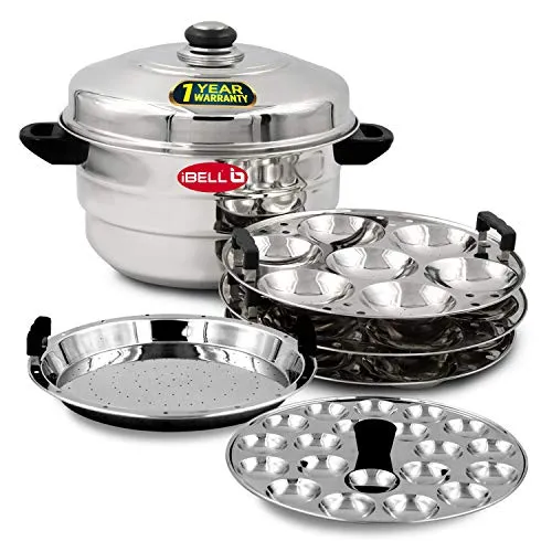 iBELL IP21P3SM High Food Grade Idly Pot Stainless Steel, Idli Pot with Steamer & Mini Idli Plate, 3 Idli Plates / 21 Idlies (Silver)