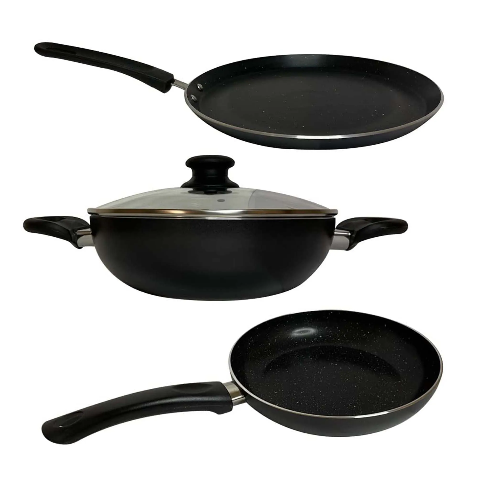 Kuber Industries 3 PCS Aluminium Cooking Set for Kitchen 24 cm Wok, 24 cm Fry Pan with Lid & 28 cm Tawa | Nonstick Induction Cookware Set | Kadhai, Frying Pan & Tawa Utensils Set | Black