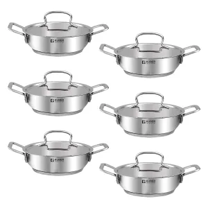 Kuber Industries Tri-ply Stainless Steel Kadhai with lid I Induction Base I 2 litres Capacity I 20cm Diameter I Extra Deep Frying Pan I Riveted Handles (Pack of 6)