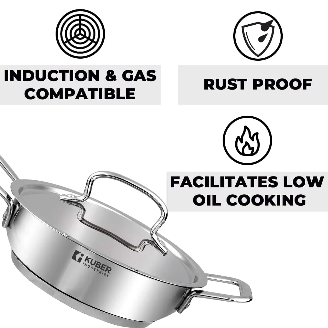 Kuber Industries Tri-ply Stainless Steel Kadhai with lid I Induction Base I 2 litres Capacity I 20cm Diameter I Extra Deep Frying Pan I Riveted Handles (Pack of 6)