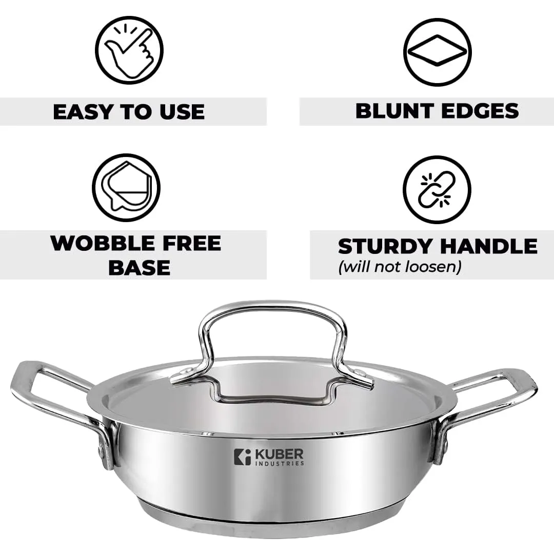 Kuber Industries Tri-ply Stainless Steel Kadhai with lid I Induction Base I 2 litres Capacity I 20cm Diameter I Extra Deep Frying Pan I Riveted Handles (Pack of 6)