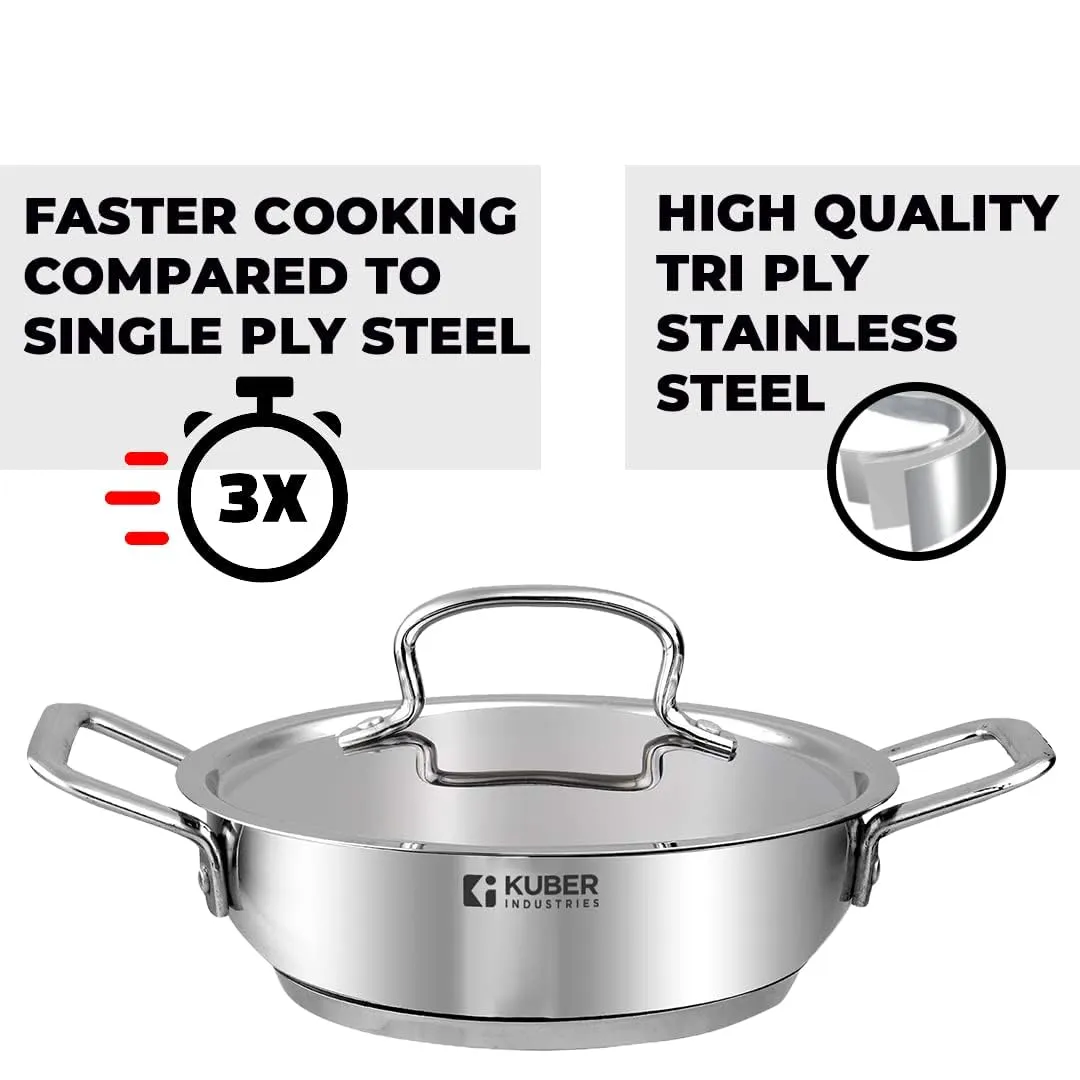 Kuber Industries Tri-ply Stainless Steel Kadhai with lid I Induction Base I 2.2 litres Capacity I 22cm Diameter I Extra Deep Frying Pan I Riveted Handles (Pack of 6)