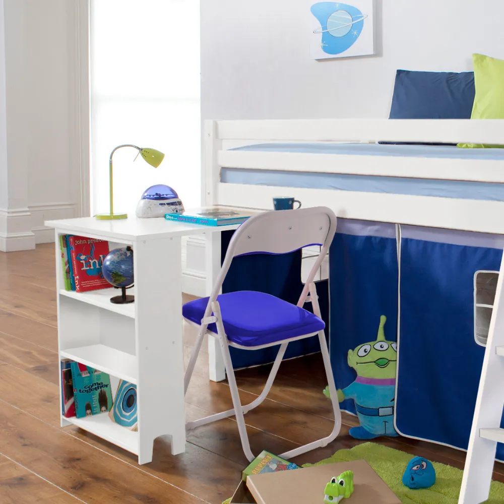 Moro Cabin Bed Midsleeper with Pullout Desk & Brilliant Blue Tent in Classic White