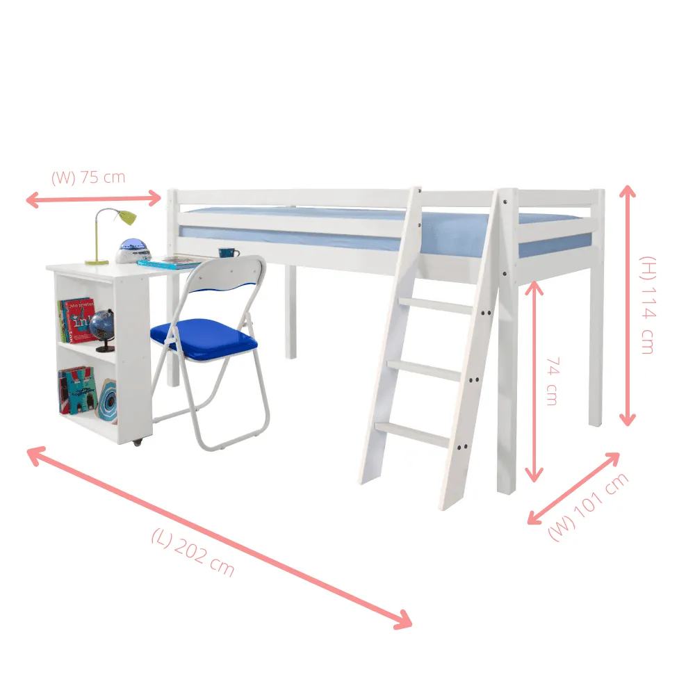 Moro Cabin Bed Midsleeper with Pullout Desk & Brilliant Blue Tent in Classic White