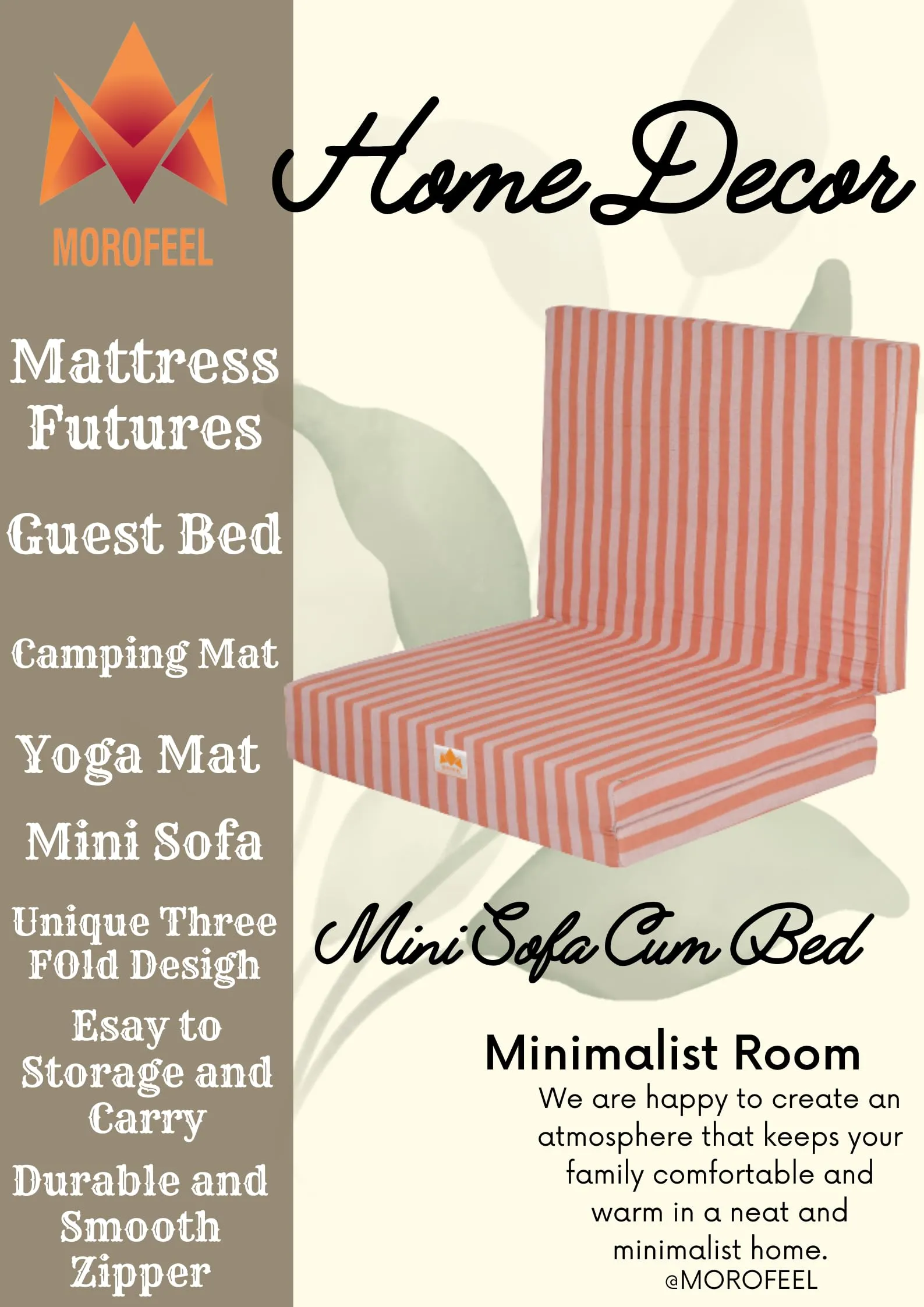 MOROFEEL 2 Inch UHD Foam Three Fold Single Bed Reversible Orange Mattress (72 x 35 x 2) || Foldable Lightweight Gadda for Travel Picnic