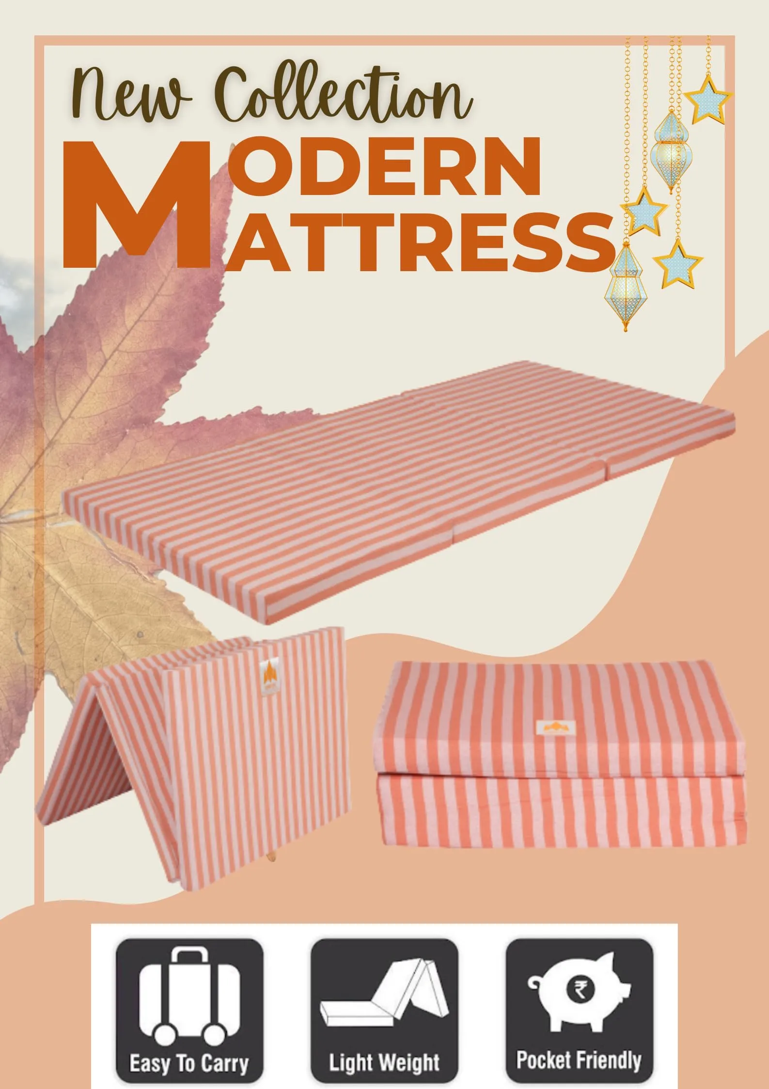 MOROFEEL 2 Inch UHD Foam Three Fold Single Bed Reversible Orange Mattress (72 x 35 x 2) || Foldable Lightweight Gadda for Travel Picnic