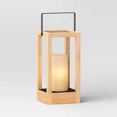 New - 11.81"x5.94" Pillar Metal/Wood Small Lantern Candle Holder Natural Wood -